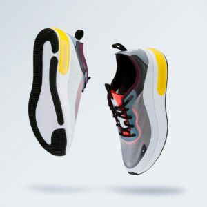 Floating modern sneakers showcasing trendy design and vibrant colors.